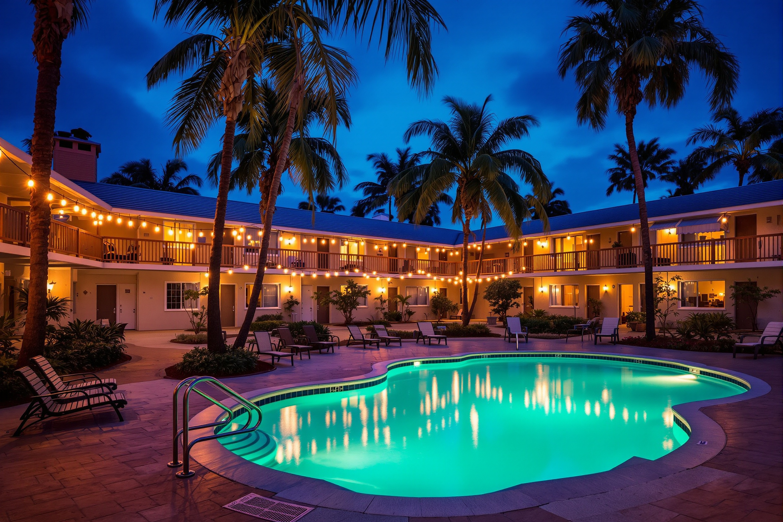 The courtyard and pool at evening, lit for a race-week night