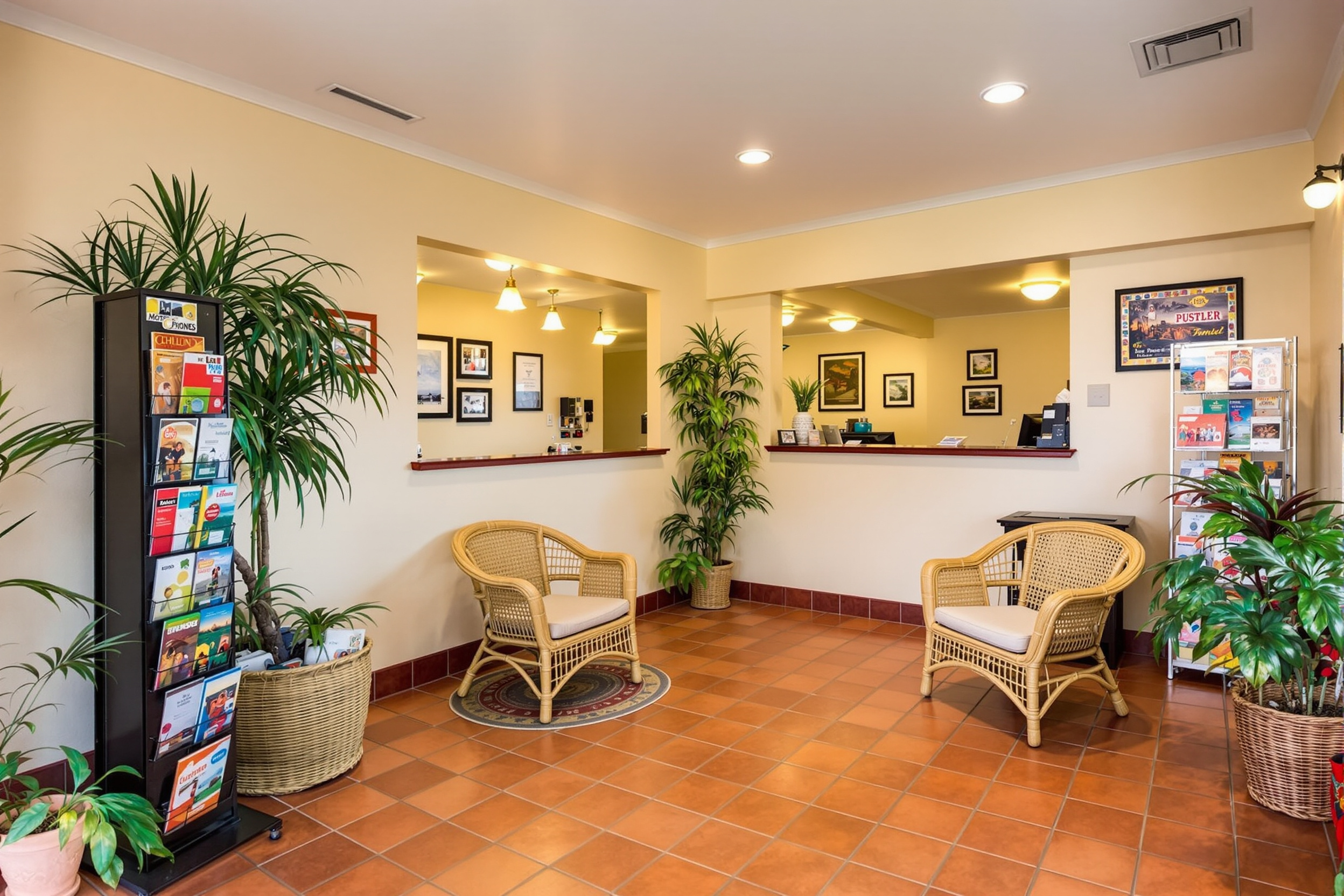 The hotel lobby with its Florida warmth and brochure rack